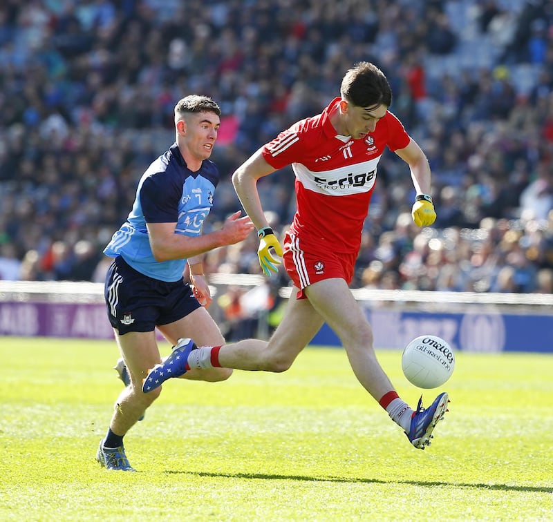 Dublin's Lee Gannon and Derry's Paul Cassidy in action during the Allianz GAA Football League Division Two Final between Dublin and Derry on 04-02-2023 at Croke Park Dublin. Picture by Philip Walsh