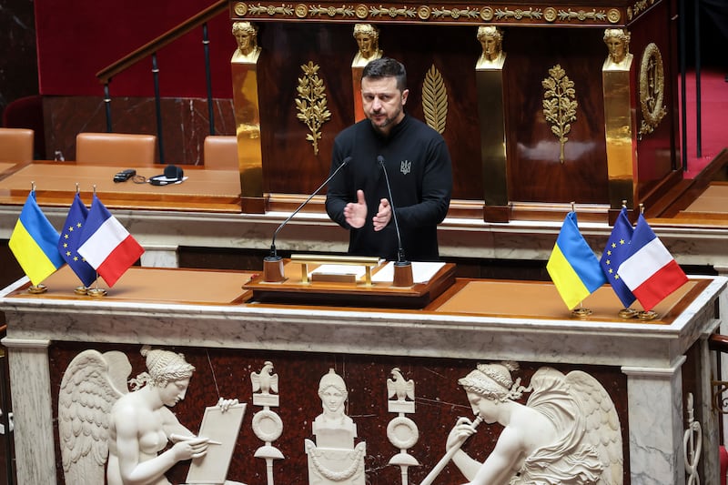 Ukrainian President Volodymyr Zelensky addresses the National Assembly (Thomas Padilla/AP)
