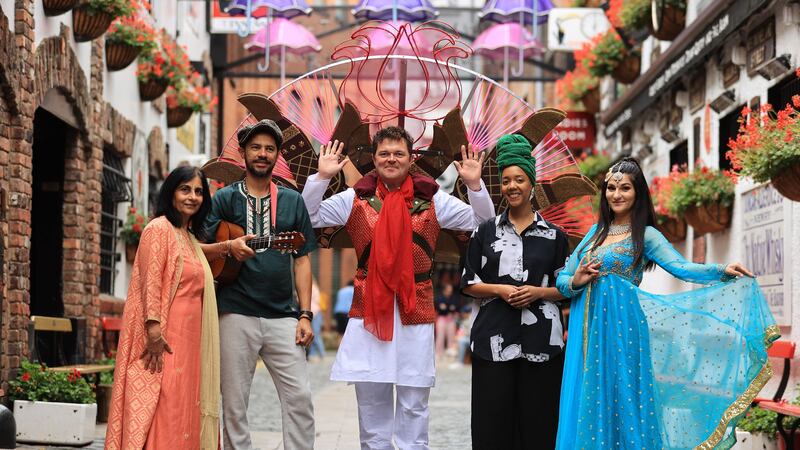 Nisha Tandon CEO of ArtsEkta, Israh Castro from Utropiks, Stephen Begg performer, Yamara Lone from Utropiks and Leyla Gallius (ArtsEkta dancer) at the launch of the Belfast Mela Festival 