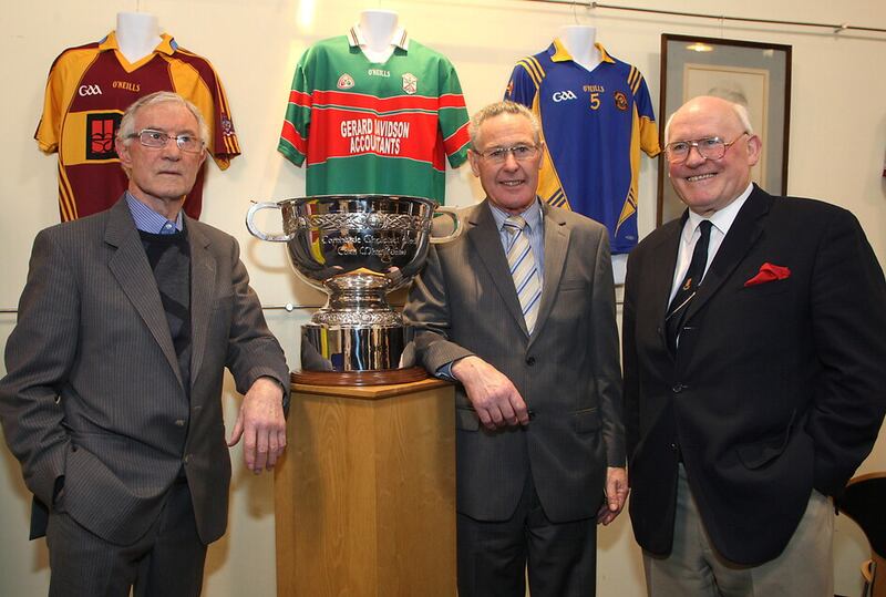 Jim McKeever pictured at the launch of the Ulster Colleges new trophies in 2012 with Sean O'Neill (Down) and Ray Carolan (Cavan)