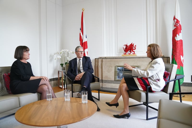 Welsh Secretary Jo Stevens (left) and Prime Minister Sir Keir Starmer meeting First Minister of Wales Eluned Morgan during a visit to Cathays Park in Cardiff