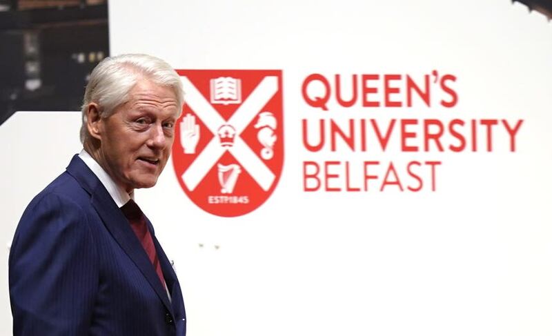 Former US president Bill Clinton, steps on to the stage to speak during the international conference to mark the 25th anniversary of the Belfast/Good Friday Agreement, at Queen’s University Belfast (Niall Carson/PA)
