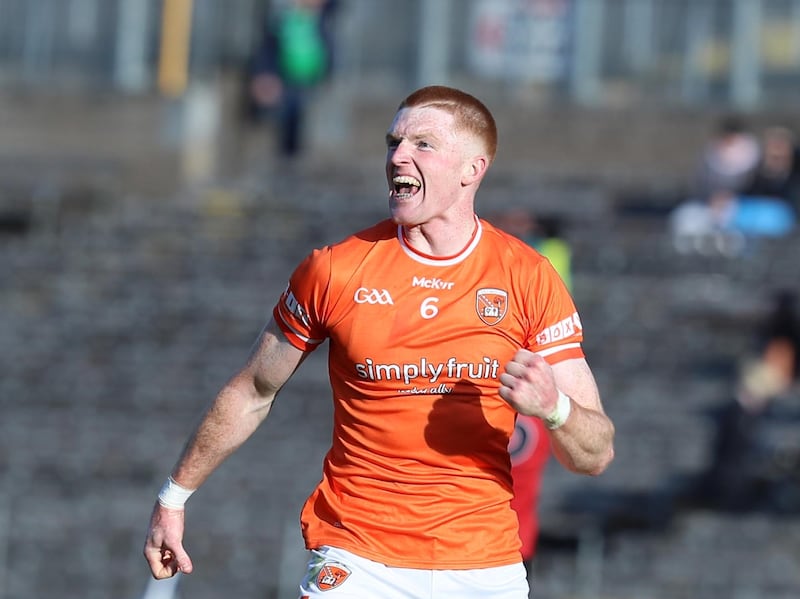 Ciaran Mackin celebrates as Armagh see off Down to reach the Ulster final. Pic Philip Walsh
