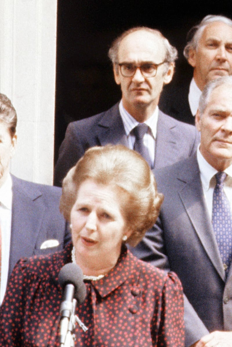 Margaret Thatcher with John Nott behind her in Downing Street