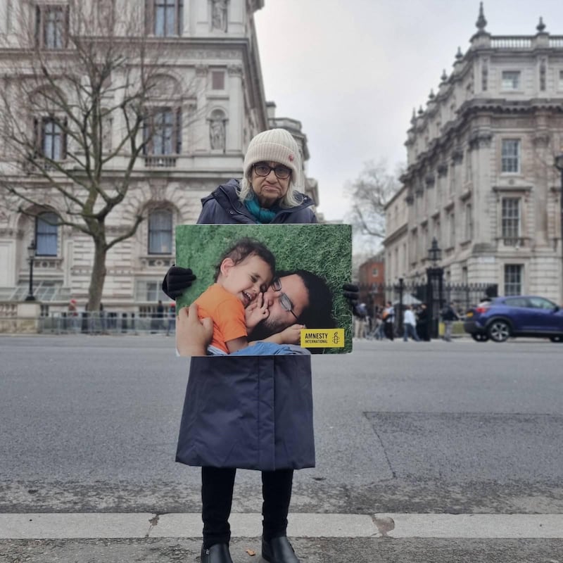 Handout photo issued by the family of Alaa Abd El-Fattah showing his mother, Laila Soueif, during her hunger strike in Whitehall, central London.