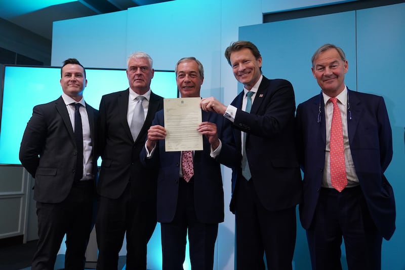 Reform UK MPs James McMurdock, Lee Anderson, Leader Nigel Farage, Deputy leader Richard Tice and Rupert Lowe