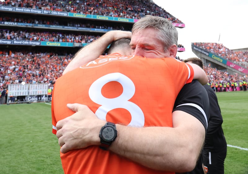 Armagh celebrate   during Sunday’s All-Ireland SFC Final at Croke Park in Dublin. 
PICTURE COLM LENAGHAN