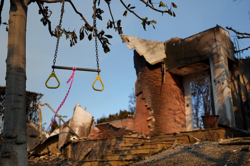 A swing hangs from a tree in front of a fire-damaged residence in the aftermath of the Palisades Fire (Eric Thayer/AP)