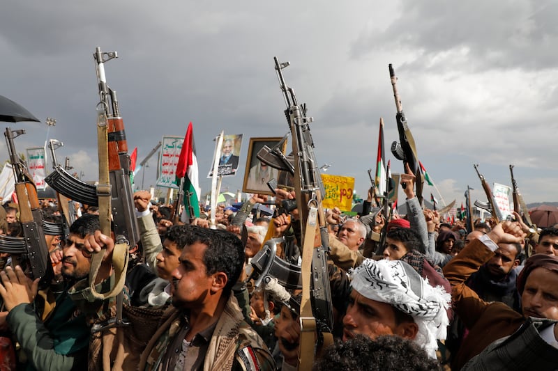 Houthi supporters in Sanaa, Yemen (Osamah Abdulrahman/AP)