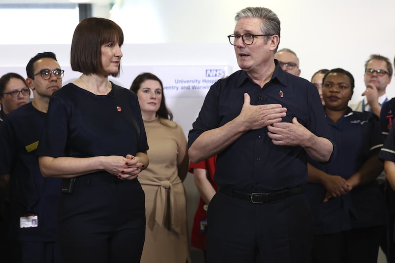 Prime Minister Sir Keir Starmer and Chancellor Rachel Reeves speak with members of staff at University Hospital Coventry & Warwickshire