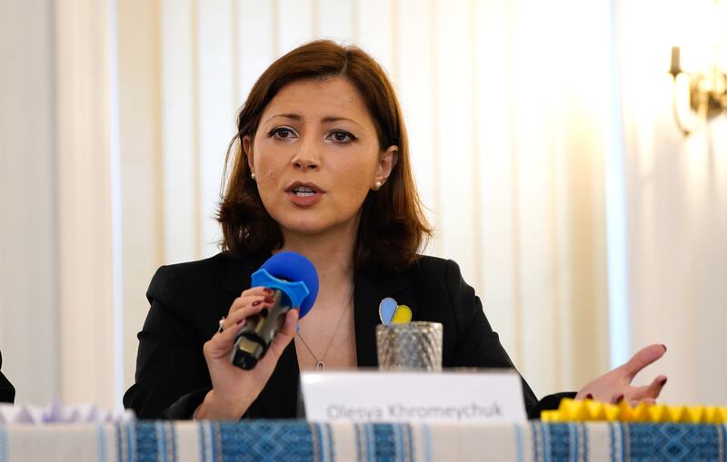 Olesya Khromeychuk, director of the Ukrainian Institute London, during a press conference at the Ukrainian Catholic Cathedral in London