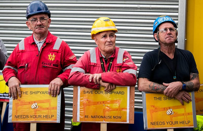 &nbsp;Harland and Wolff employees Colin McLoughlin, rigger, Tommy Stewart, foreman ship repairman and Gary Heart Fleming, ship repair fitter, during a rally to save the shipyard, as an additional five days has been made available to save the under-threat Belfast shipyard following the delay of a visit by administrators. Picture by&nbsp;Liam McBurney/PA Wire