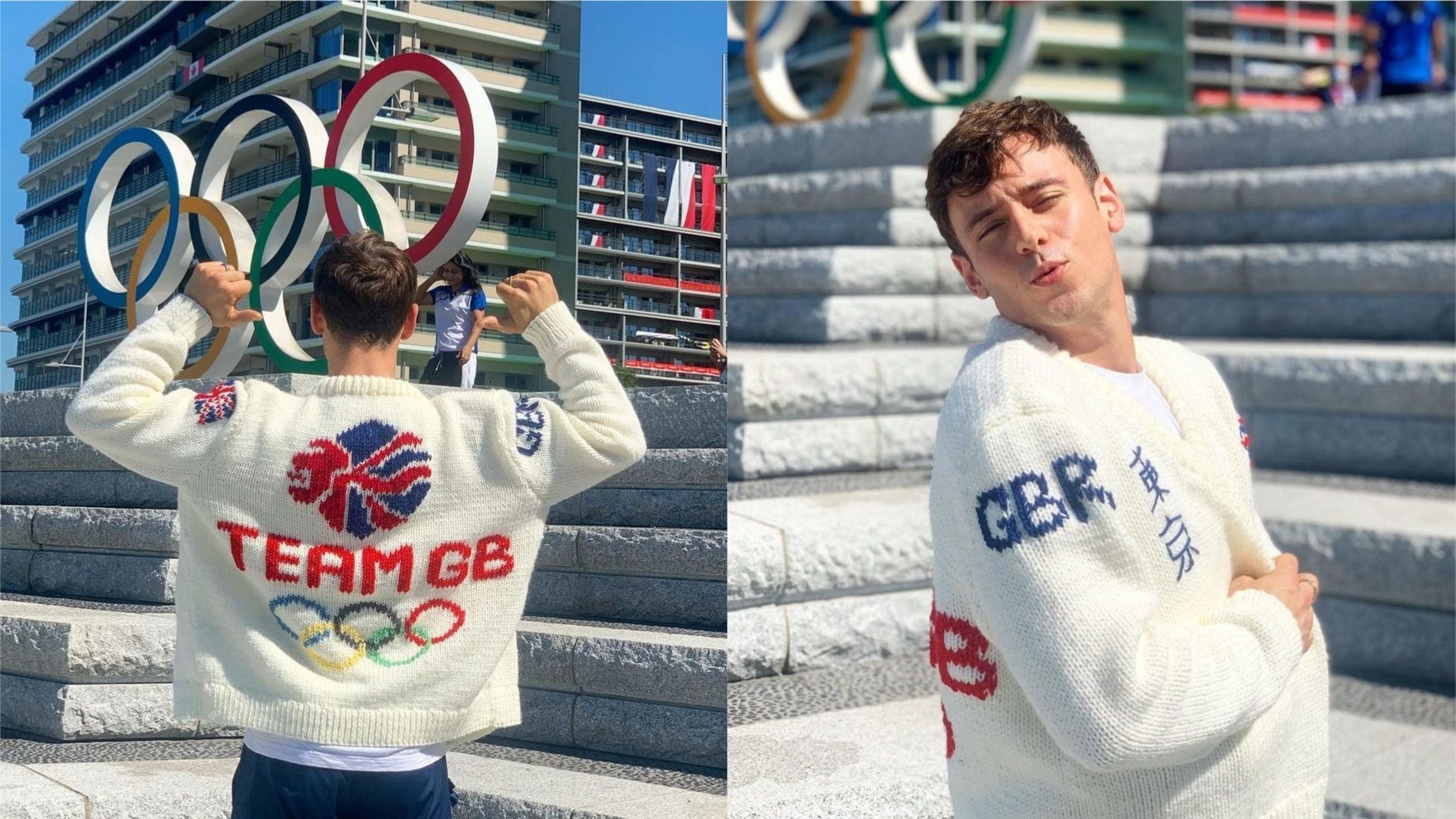 The diver has backed up his Olympic gold with a white woollen number complete with Union flags, Japanese writing and the Olympic emblem.