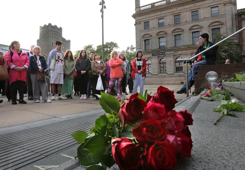 A minutes silence held at the End Violence Against Women vigil at Guildhall Square in Derry on Thursday evening. Picture Margaret McLaughlin  29-8-2024