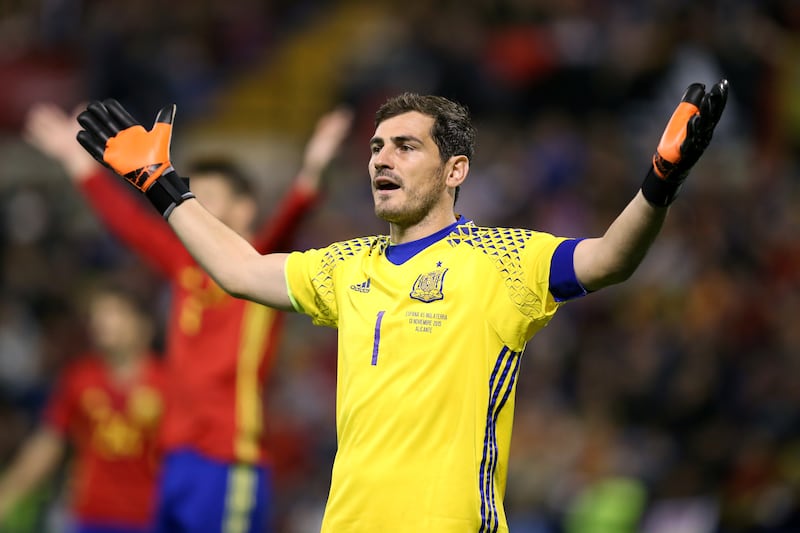 Spain goalkeeper Iker Casillas reacts during an international friendly