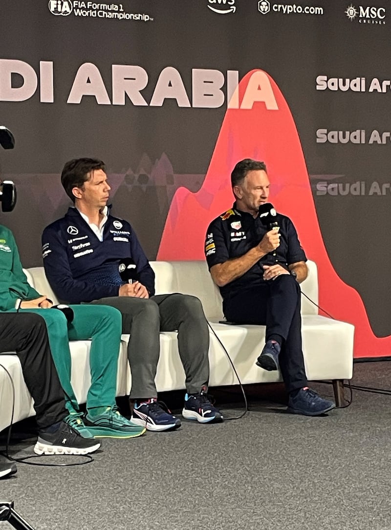 Red Bull Racing team principle Christian Horner speaks to the media during a team briefing on practice day ahead of the Saudi Arabian Grand Prix at the Jeddah Corniche Circuit in Jeddah, Saudia Arabia. Picture date: Thursday March 7, 2024.