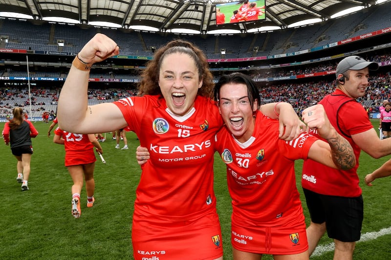 Cork's Sorcha McCartan celebrates after the final whistle with Ashling Thompson after the Glen Dimplex All-Ireland Senior Camogie Championship Final at Croke Park on Sunday     Picture: Ben Brady/Inpho