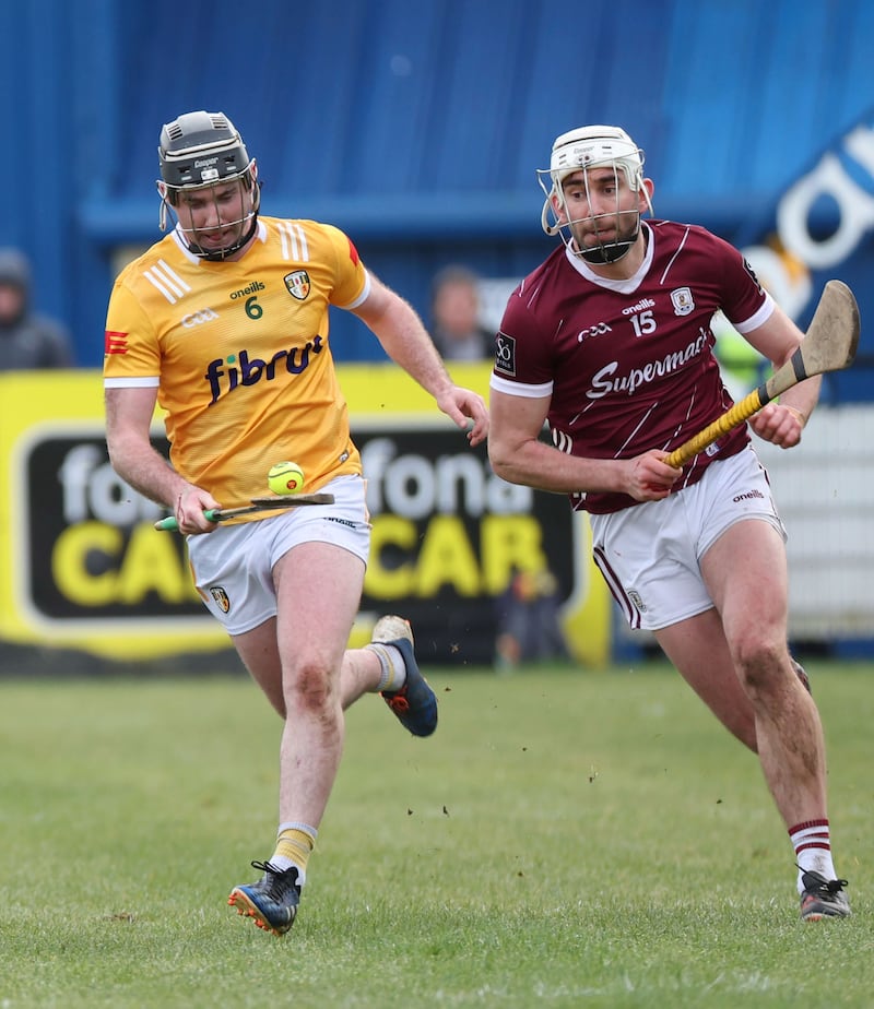 Ryan McGarry and Galway's Jason Flynn  in action during Sunday's Allianz Hurling League Roinn 1A  game at Corrigan Park in Belfast .PICTURE: COLM LENAGHAN