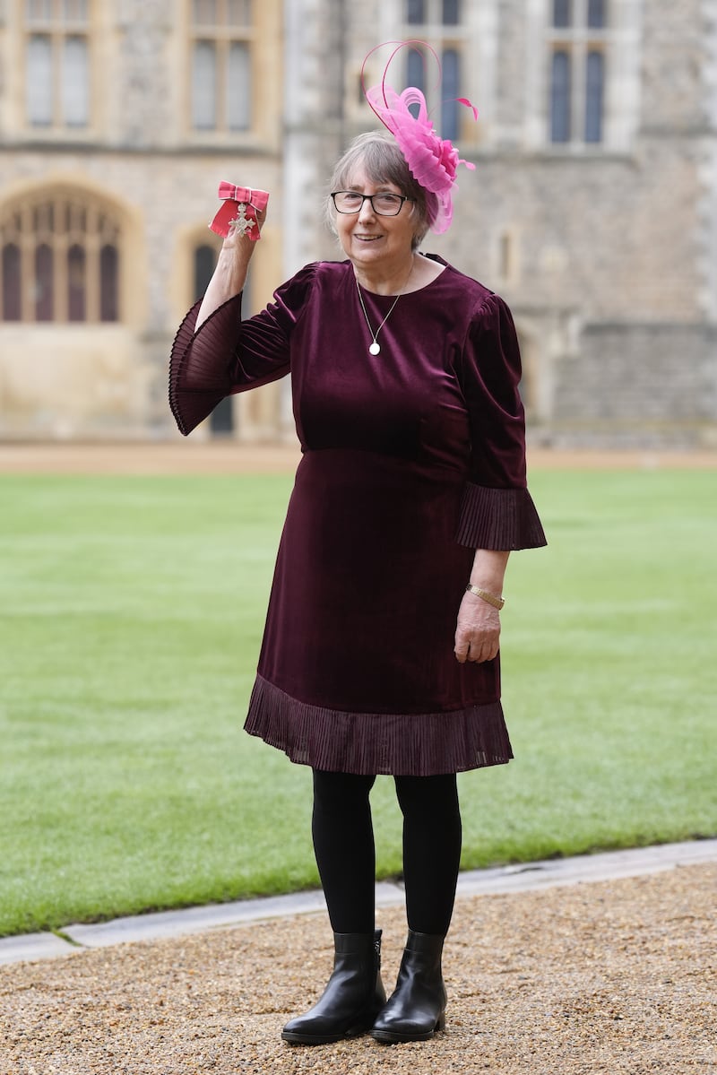 Patricia Gregory, Founding Member, Women’s Football Association, after being made a Member of the Order of the British Empire (MBE) by the Princess Royal at Windsor Castle, Berkshire