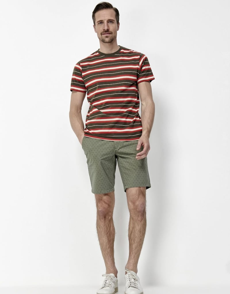 M&amp;Co Stripe T-Shirt, &pound;12.99; Geo Print Chino Shorts, &pound;22.99 (shoes, stylist&rsquo;s own)