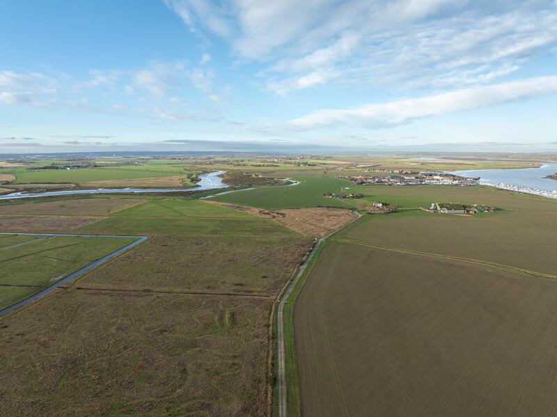 Aerial image showing existing and newly acquired land at RSPB Wallasea Island Nature Reserve, Essex. .