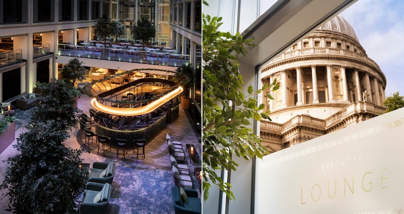 The Leonardo Royal Hotel London St Paul’s stunning central glass-roofed Atrium (left), which lies just underneath the dome of St Paul’s Cathedral in the City of London.