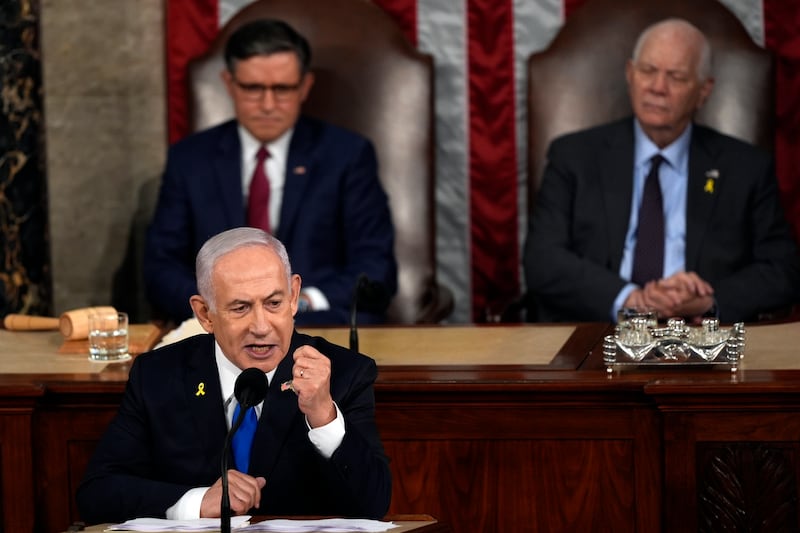 Israeli Prime Minister Benjamin Netanyahu speaks to a joint meeting of Congress at the Capitol in Washington (Julia Nikhinson/AP)