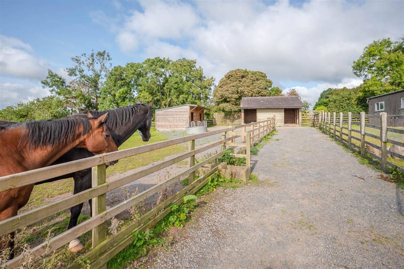 The lower yard provides additional parking, barn, four horse walker, sand arena and up to five large additional stables