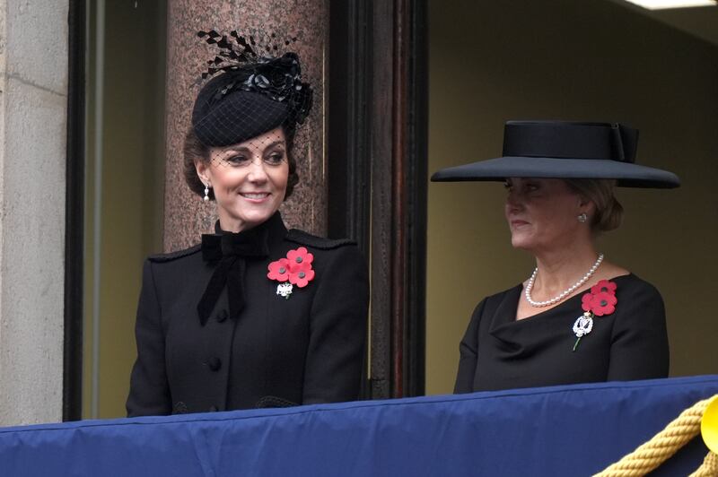 The Princess of Wales and the Duchess of Edinburgh on a balcony at the Foreign, Commonwealth and Development Office (FCDO) during the Remembrance Sunday service at the Cenotaph in London. Picture date: Sunday November 10, 2024.