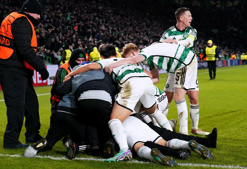 Celtic celebrate Gustaf Lagerbielke’s late winner against Feyenoord