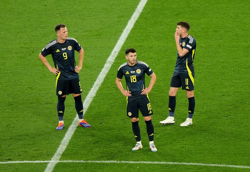 Scotland’s Lawrence Shankland (left), Lewis Morgan and Ryan Christie were second-half substitutes against Hungary