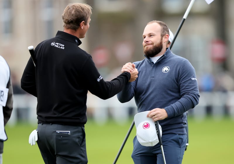 Hatton (right) shook hands with Colsaerts after his winning putt on the 18th green in the Alfred Dunhill Links Championship