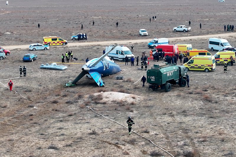 The wreckage of Azerbaijan Airlines Embraer 190 on the ground near the airport of Aktau (Azamat Sarsenbayev/AP)