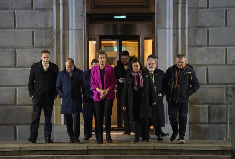 Opposition TD’s including Labour leader Ivana Bacik (centre left) and Sinn Fein president Mary Lou McDonald (centre right) leave Leinster House, Dublin