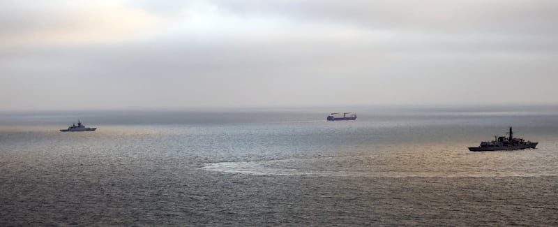 Sailors of the Royal Navy were recalled to HMS Somerset (right) to shadow Russian corvette RFS Soobrazitelny (left) and ro-ro transporter/support ship MV Sparta II (centre) for 500 miles in the North Sea and through the English Channel