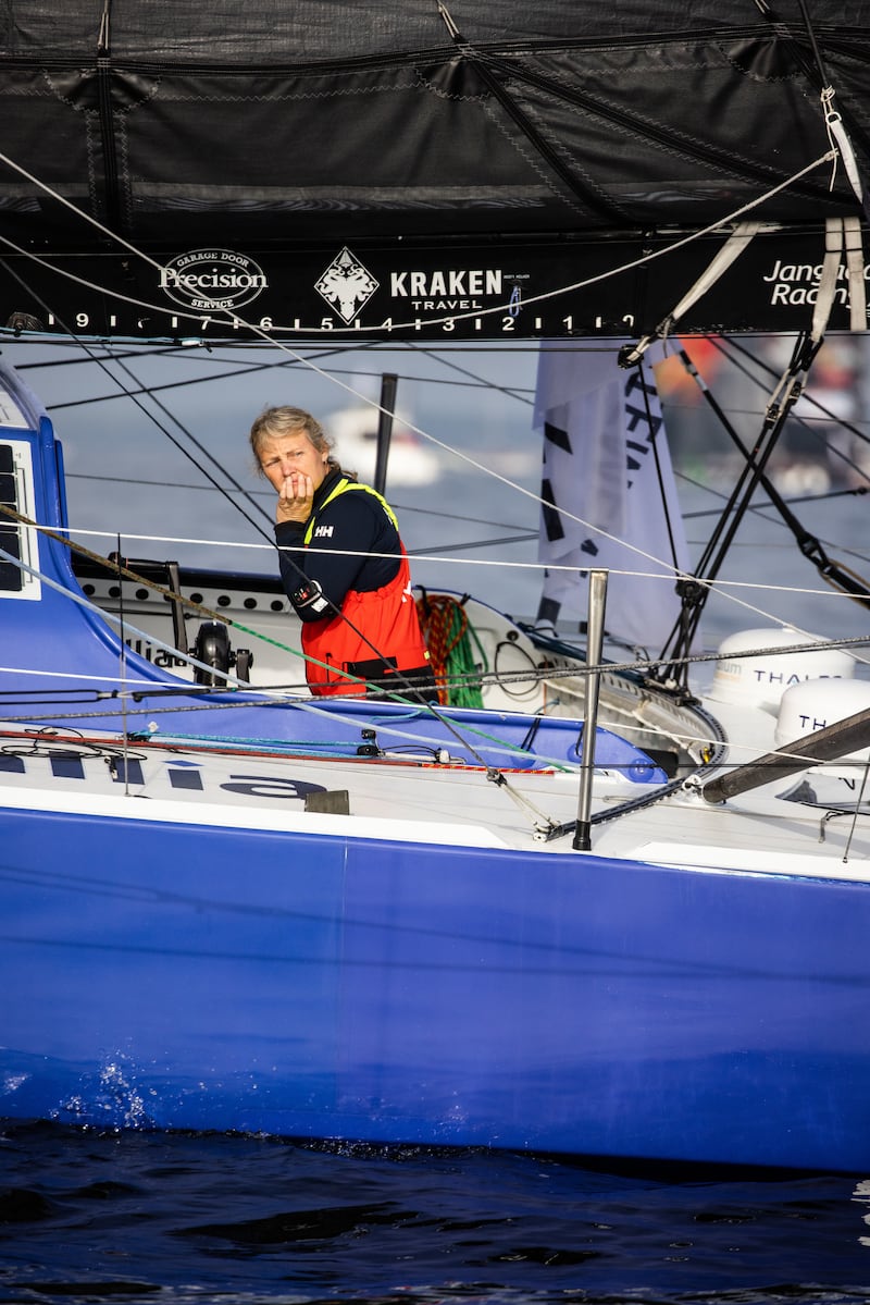 Pip Hare setting sail in the Vendee Globe race in her 60ft yacht Medallia at Les Sables d’Olonne, France