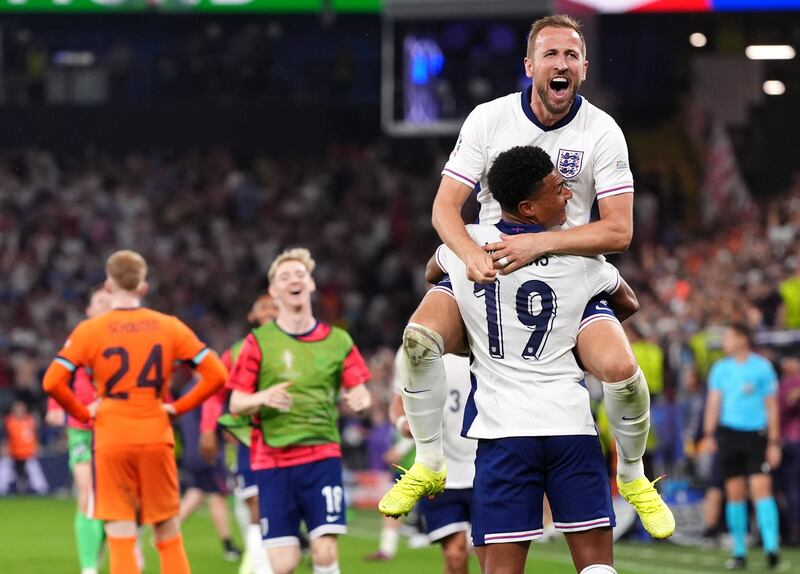 England’s Harry Kane and Ollie Watkins celebrate following the Euro 2024 semi-final victory over the Netherlands