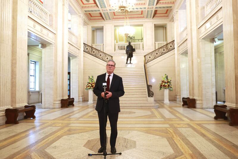 Prime Minister Sir Keir Starmer addresses the media in the Great Hall of Parliament Buildings at Stormont, Belfast