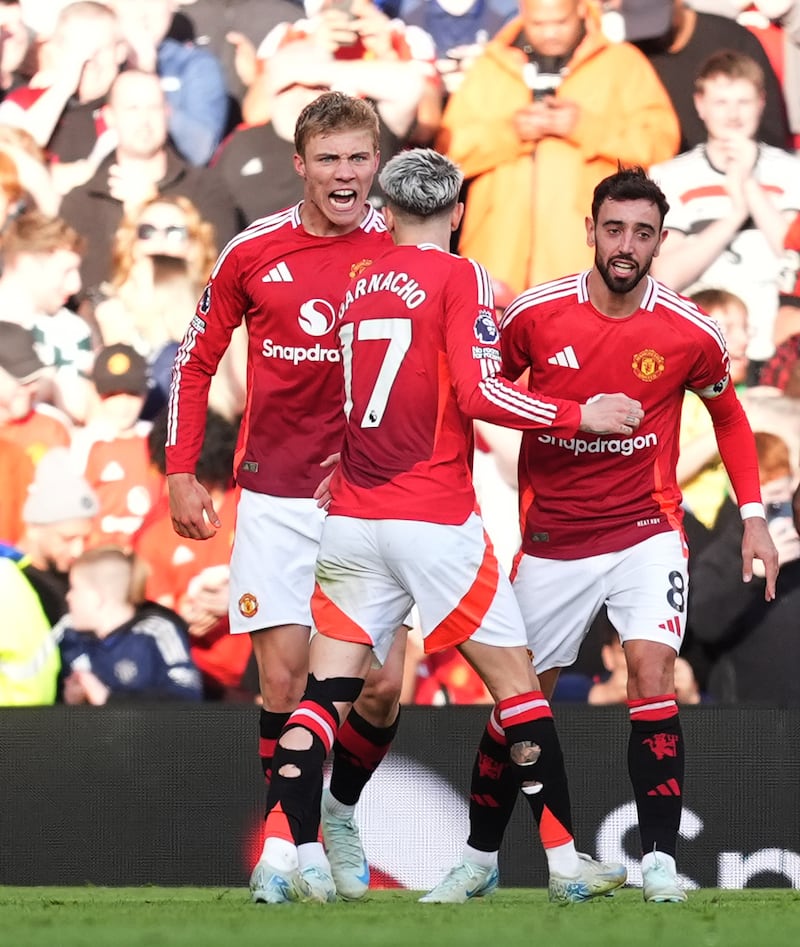 Rasmus Hojlund (left) celebrates after putting United ahead