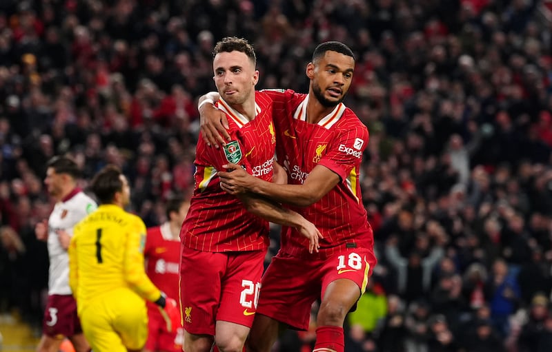 Jota and Cody Gakpo, right, both scored braces at Anfield