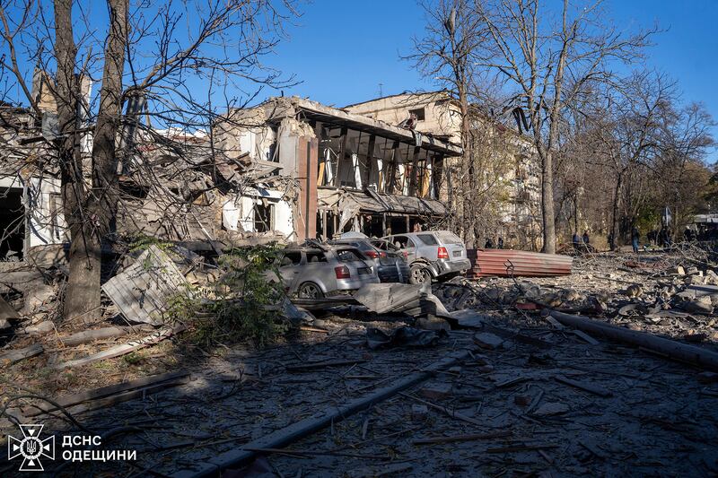 A building destroyed by a Russian strike on a residential neighbourhood in Odesa, Ukraine (Ukrainian Emergency Service/AP)