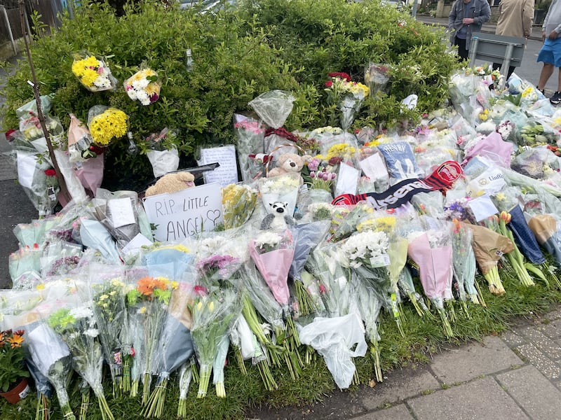 Floral tributes to Daniel Anjorin at the end of Laing Close in Hainault