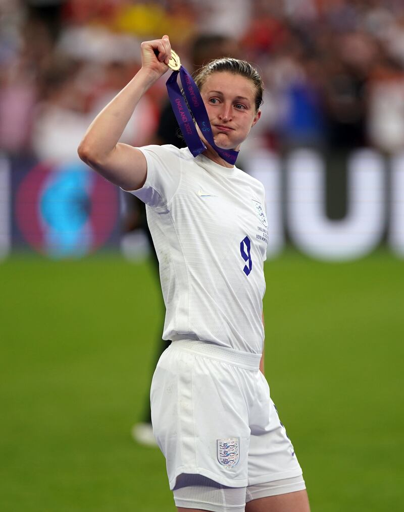 Ellen White celebrating with her medal following the UEFA Women’s Euro 2022 final