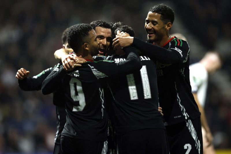 Gabriel Jesus (left) celebrates scoring Arsenal’s first goal