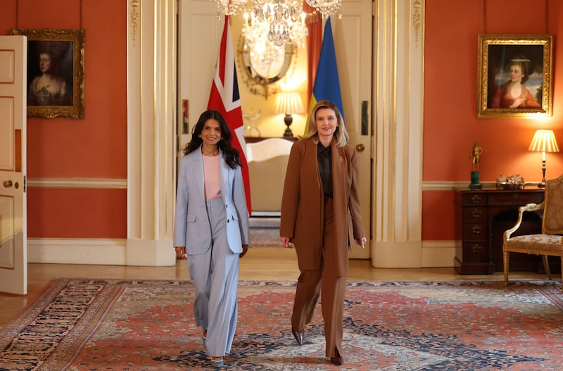 Akshata Murty and Olena Zelenska walk through No 10 Downing Street