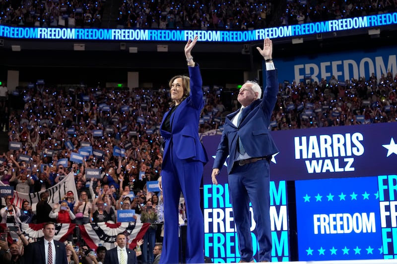 Democratic presidential nominee vice president Kamala Harris and running mate Tim Walz appear at the Fiserv Forum during a campaign rally in Milwaukee (Jacquelyn Martin/AP)