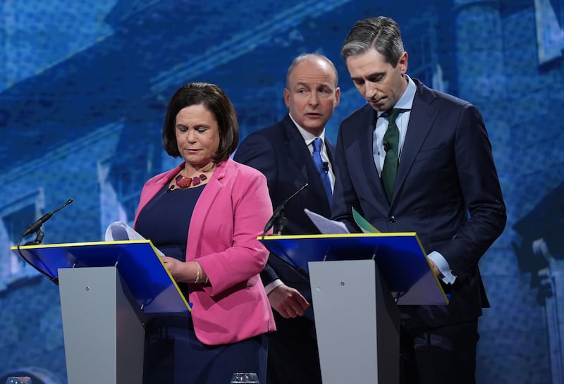 Sinn Fein leader Mary Lou McDonald, Tanaiste and Fianna Fail Leader Micheal Martin and Taoiseach and Fine Gael leader Simon Harris at the end of the final TV leaders’ debate, at RTE studios