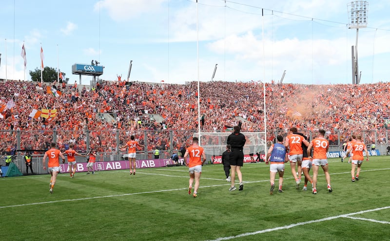 Armagh celebrate   during Sunday’s All-Ireland SFC Final at Croke Park in Dublin. 
PICTURE COLM LENAGHAN