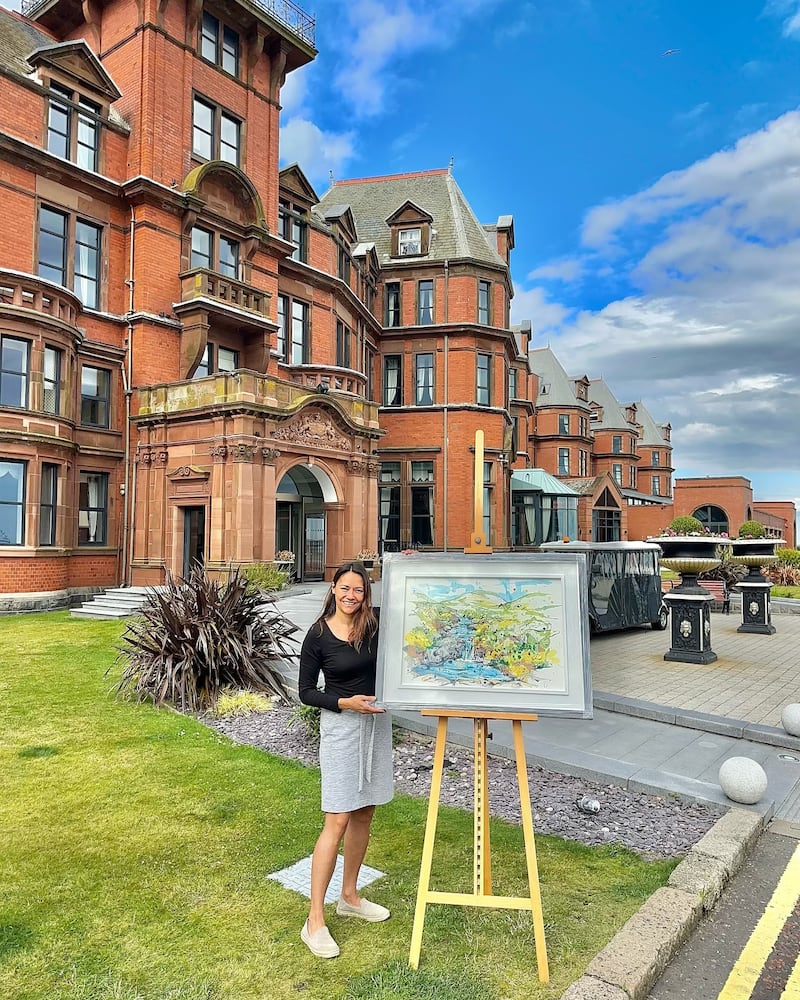 Kathryn Callaghan launches her Northern Ireland Art Trail with a painting of Bloody Bridge, which is hosted in the Slieve Donard Hotel, Newcastle