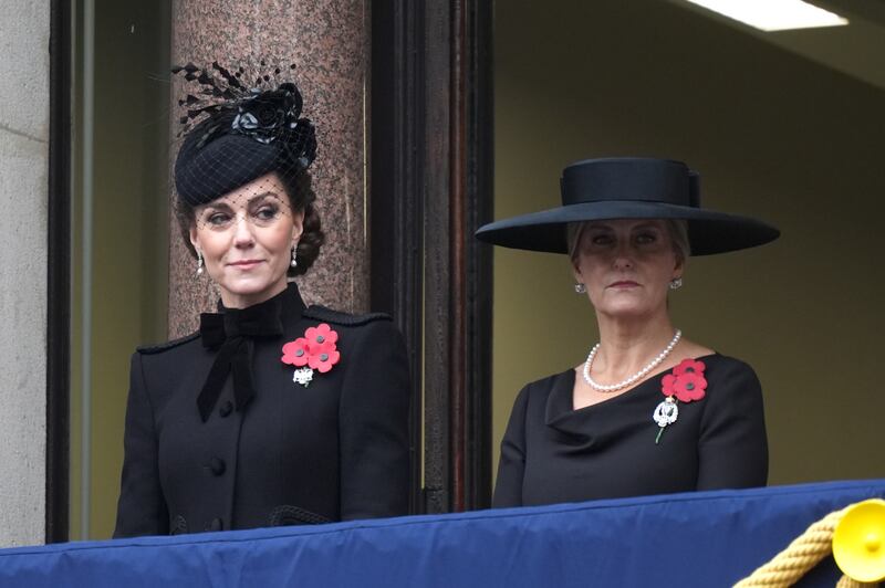 The Princess of Wales and the Duchess of Edinburgh on a balcony at the Foreign, Commonwealth and Development Office (FCDO) during the Remembrance Sunday service at the Cenotaph in London. Picture date: Sunday November 10, 2024.